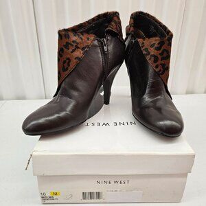 Nine West Women's Nwzelman Brown Leather, Fur & Leopard Print Ankle Boots Size 1